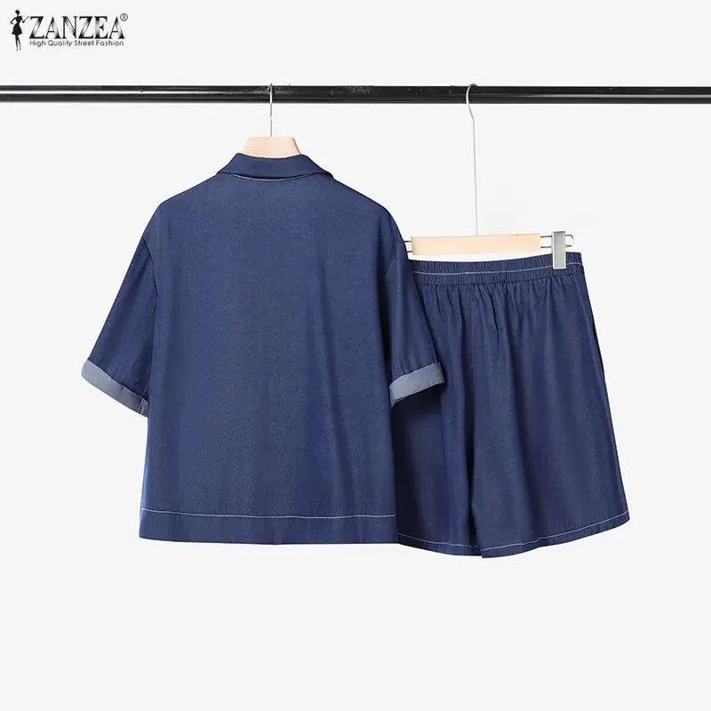 Women's Denim-Look 2-Piece Set - Short Sleeve Shirt & Elastic Waist Shorts Summer Outfit | SHEFYSTYLE