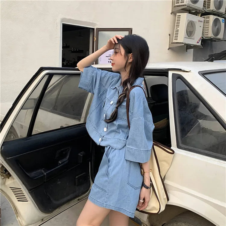 Women's Denim 2-Piece Set - Collared Top & High Waist Pocket Shorts Summer Outfit | SHEFYSTYLE