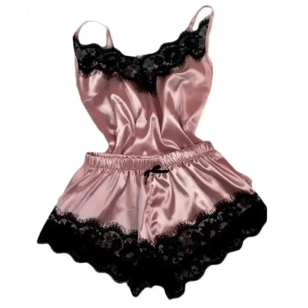 Women's Satin Lace Pajama Set - Cami Top & Shorts Sleepwear Loungewear | SHEFYSTYLE