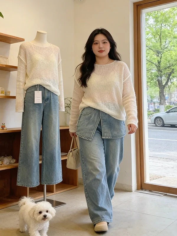 Plus Size Women's Denim-Look 2-Piece Set - Breathable Long Sleeve Summer Outfit | SHEFYSTYLE