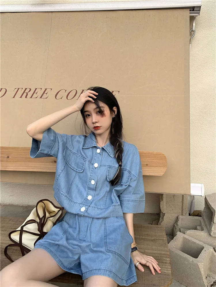 Women's Denim 2-Piece Set - Collared Top & High Waist Pocket Shorts Summer Outfit | SHEFYSTYLE