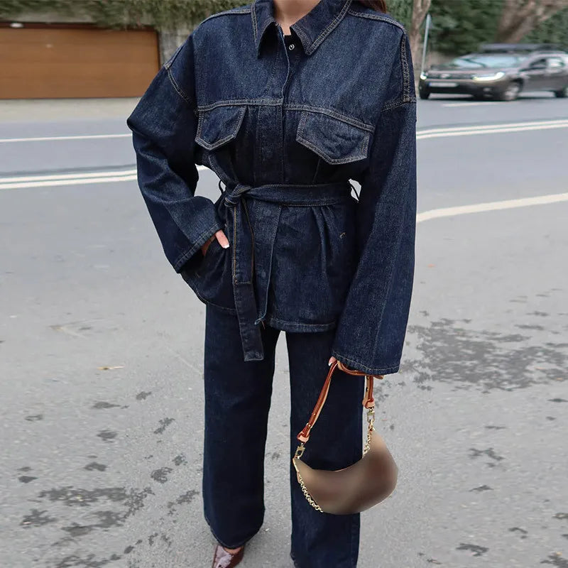 Women's Denim 2-Piece Set - Belted Jacket & Front Zip Jeans Trousers | SHEFYSTYLE