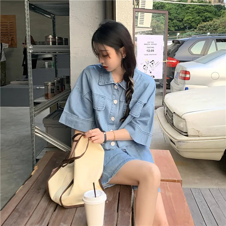 Women's Denim 2-Piece Set - Collared Top & High Waist Pocket Shorts Summer Outfit | SHEFYSTYLE