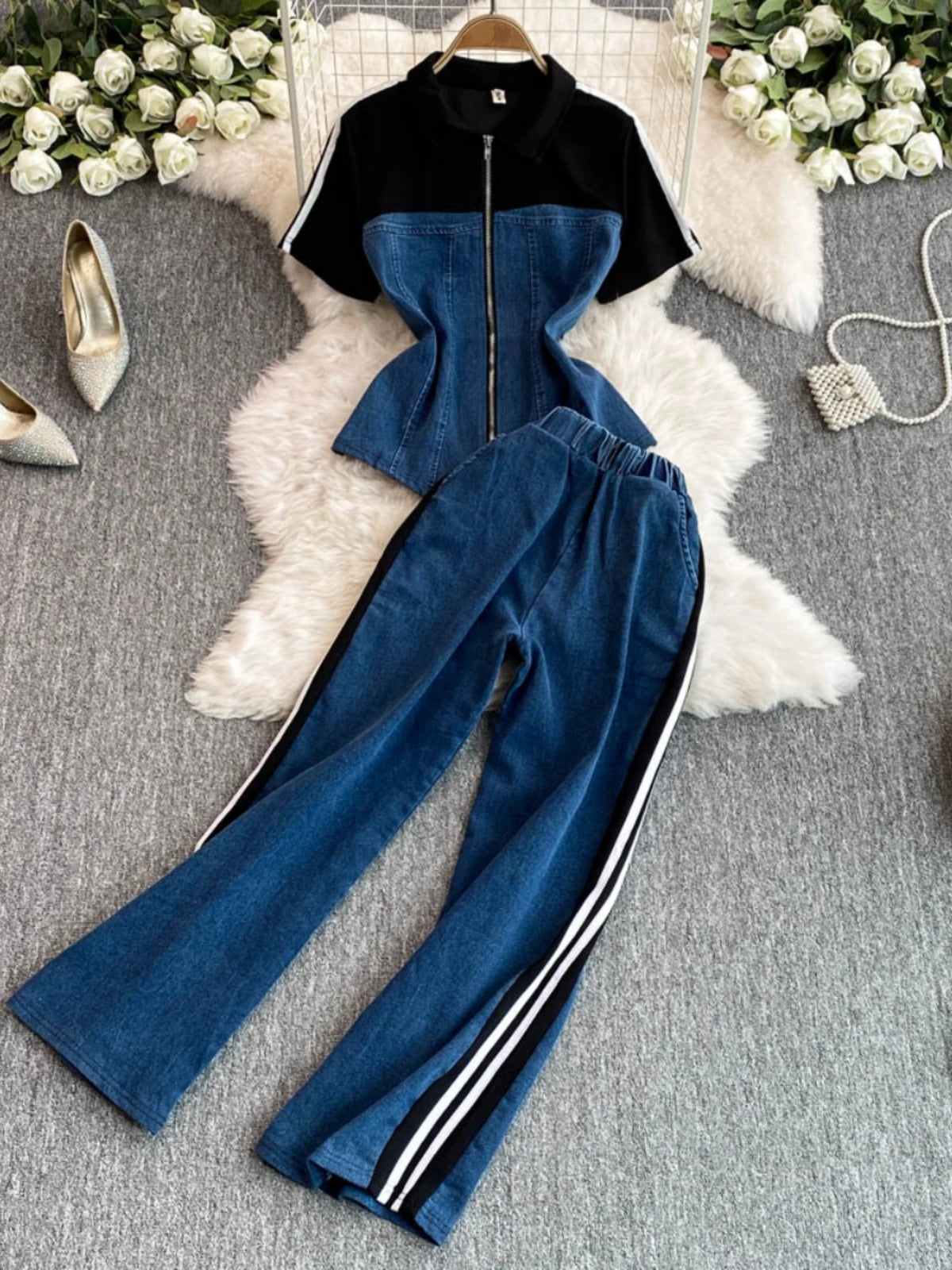 Women's Denim 2-Piece Set - Casual Top & Striped Straight Leg Pants Summer Outfit | SHEFYSTYLE