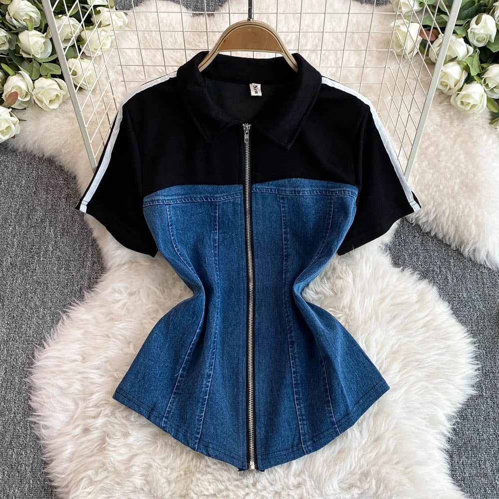 Women's Denim 2-Piece Set - Casual Top & Striped Straight Leg Pants Summer Outfit | SHEFYSTYLE