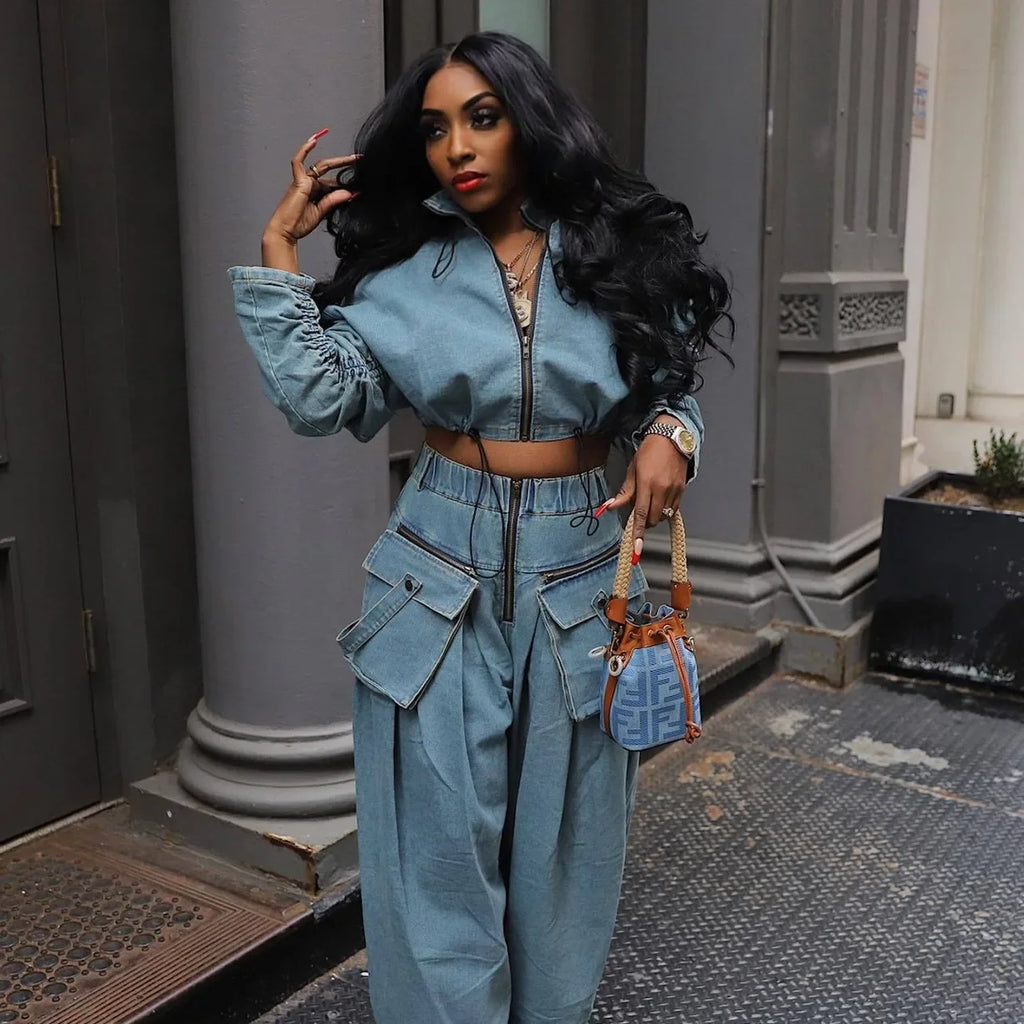 Women's Denim 2-Piece Set - Jacket & Wide Leg Jeans Matching Streetwear Outfit | SHEFYSTYLE