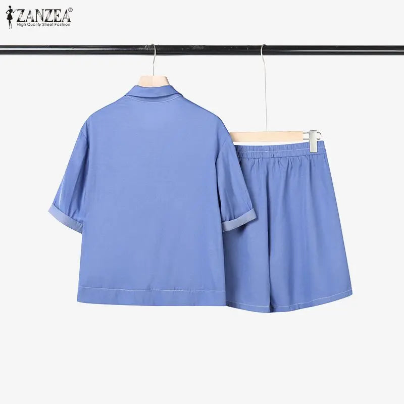 Women's Denim-Look 2-Piece Set - Short Sleeve Shirt & Elastic Waist Shorts Summer Outfit | SHEFYSTYLE