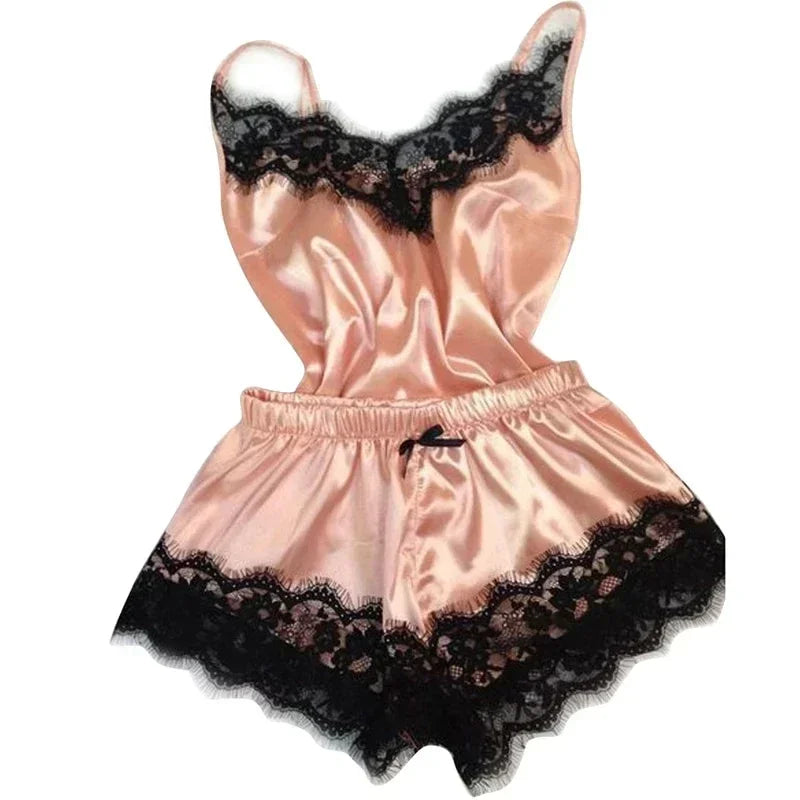 Women's Satin Lace Pajama Set - Cami Top & Shorts Sleepwear Loungewear | SHEFYSTYLE