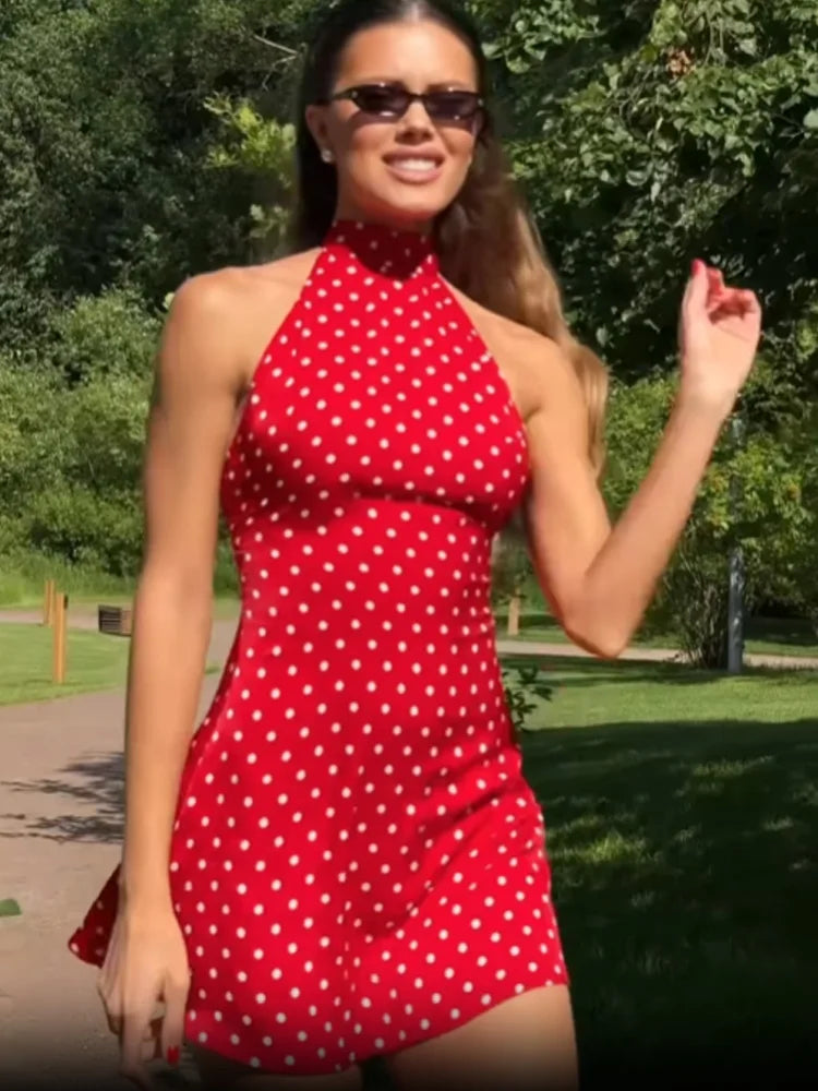 Women's Halter Polka Dot Mini Dress - Backless Sleeveless Bodycon Summer Dress | SHEFYSTYLE