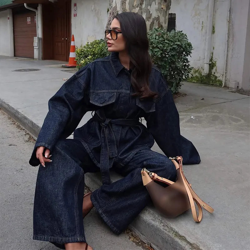 Women's Denim 2-Piece Set - Belted Jacket & Front Zip Jeans Trousers | SHEFYSTYLE