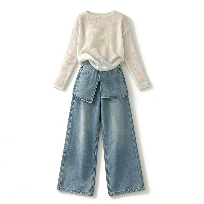 Plus Size Women's Denim-Look 2-Piece Set - Breathable Long Sleeve Summer Outfit | SHEFYSTYLE