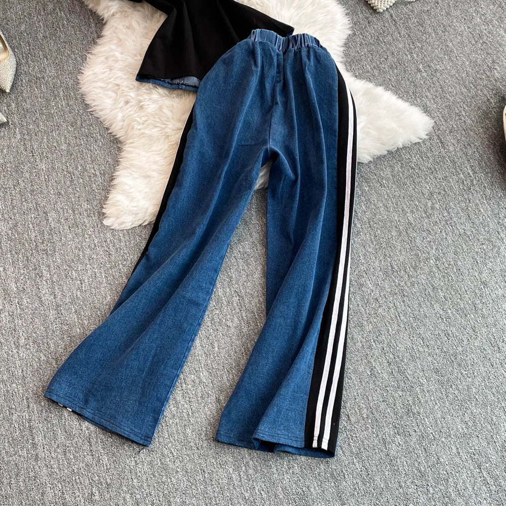 Women's Denim 2-Piece Set - Casual Top & Striped Straight Leg Pants Summer Outfit | SHEFYSTYLE