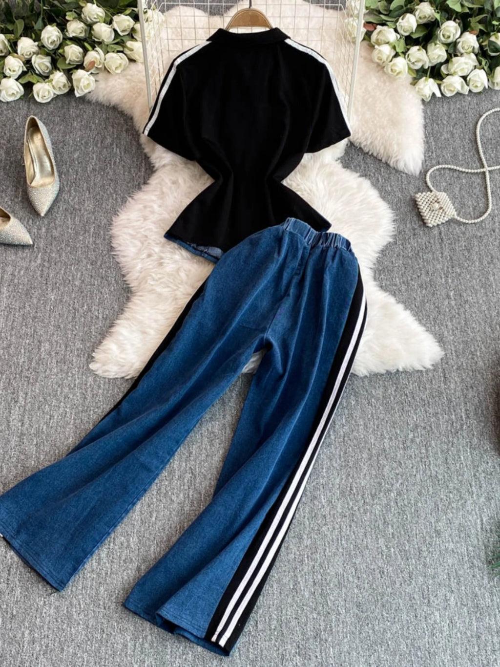 Women's Denim 2-Piece Set - Casual Top & Striped Straight Leg Pants Summer Outfit | SHEFYSTYLE
