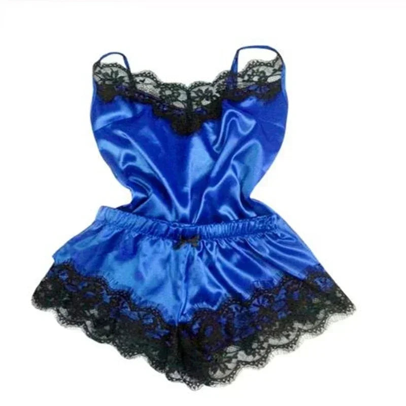 Women's Satin Lace Pajama Set - Cami Top & Shorts Sleepwear Loungewear | SHEFYSTYLE