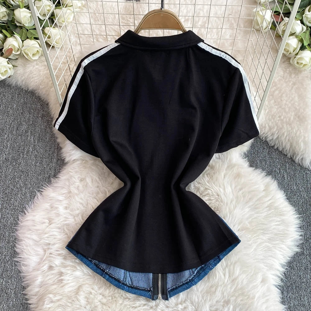 Women's Denim 2-Piece Set - Casual Top & Striped Straight Leg Pants Summer Outfit | SHEFYSTYLE