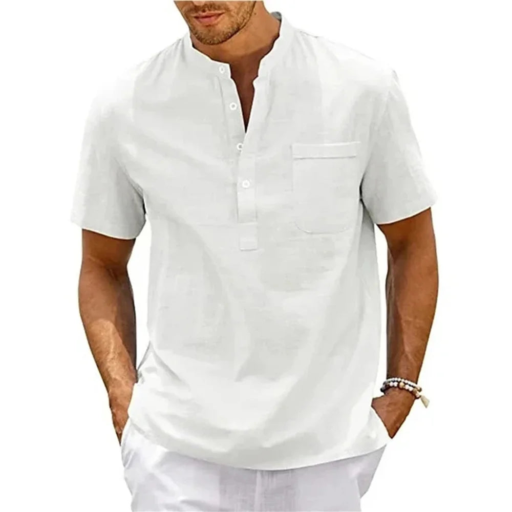 Men's Cotton Linen Henley Shirt - Short Sleeve Casual Summer Beach Top | SHEFYSTYLE
