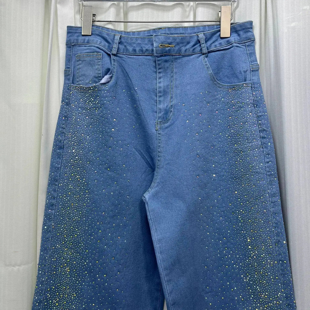 Women's Denim 2-Piece Set - Diamond-Embellished Short Sleeve Shirt & Straight Jeans | SHEFYSTYLE