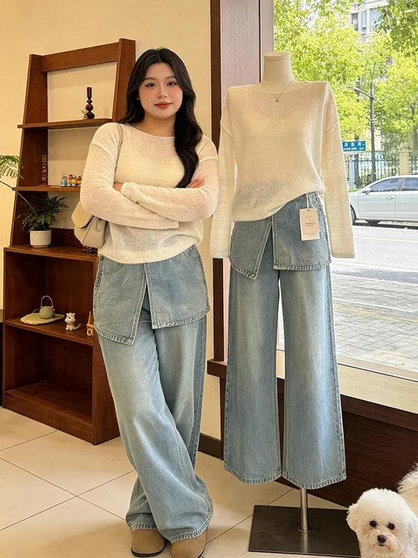 Plus Size Women's Denim-Look 2-Piece Set - Breathable Long Sleeve Summer Outfit | SHEFYSTYLE