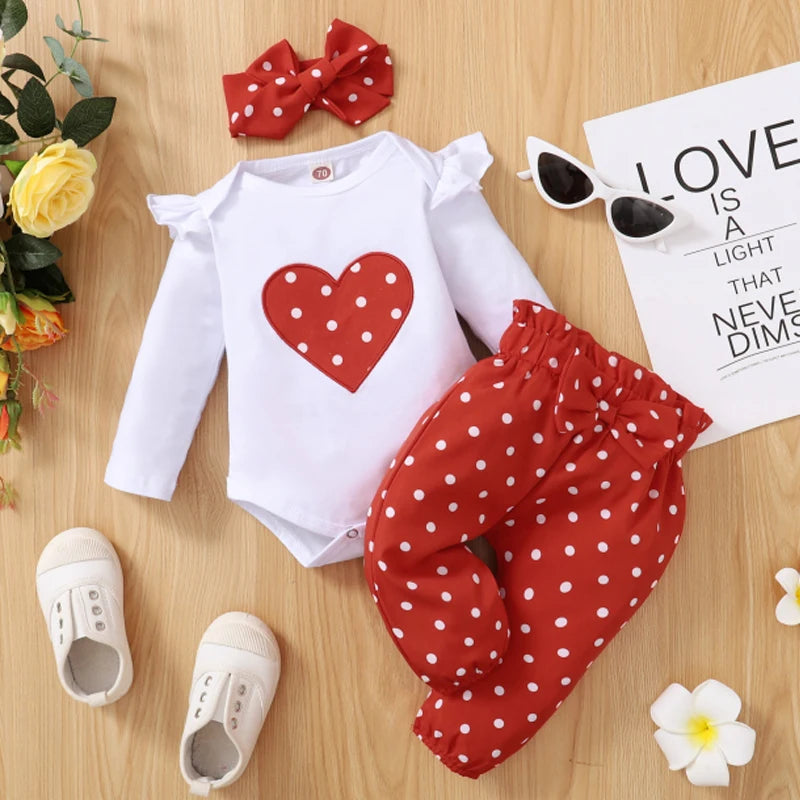 Newborn Baby Girl 3-Piece Outfit – Long-Sleeve Romper, Trousers & Headband (0–18 Months, Heart Print)