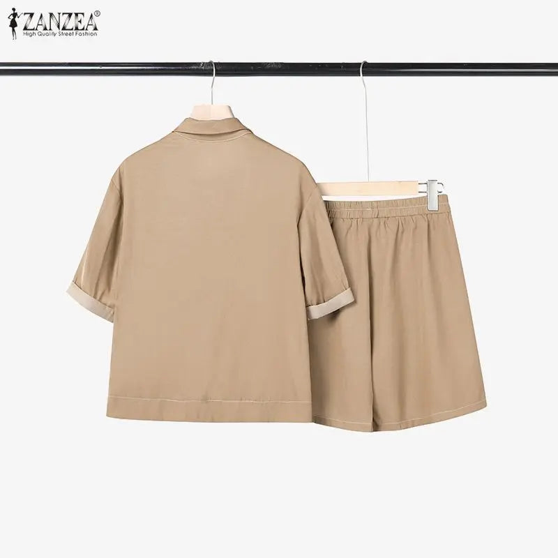 Women's Denim-Look 2-Piece Set - Short Sleeve Shirt & Elastic Waist Shorts Summer Outfit | SHEFYSTYLE