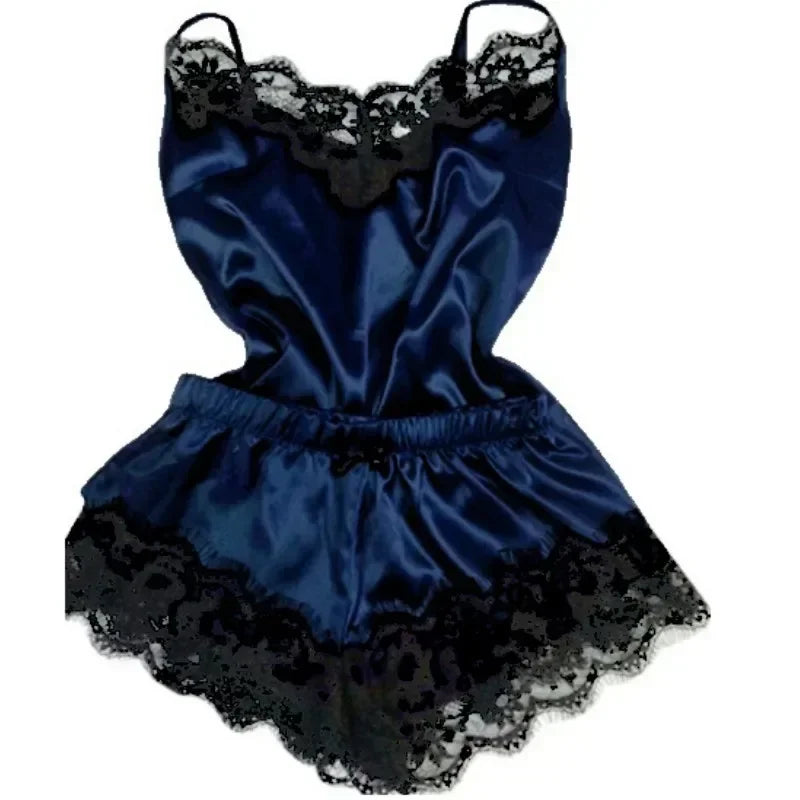 Women's Satin Lace Pajama Set - Cami Top & Shorts Sleepwear Loungewear | SHEFYSTYLE