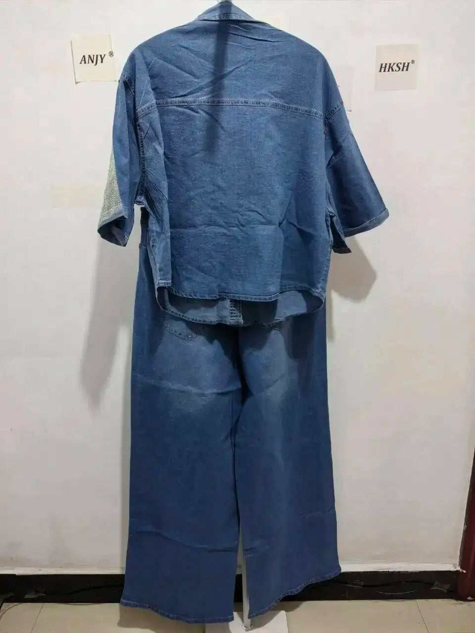 Women's Denim 2-Piece Set - Diamond-Embellished Short Sleeve Shirt & Straight Jeans | SHEFYSTYLE