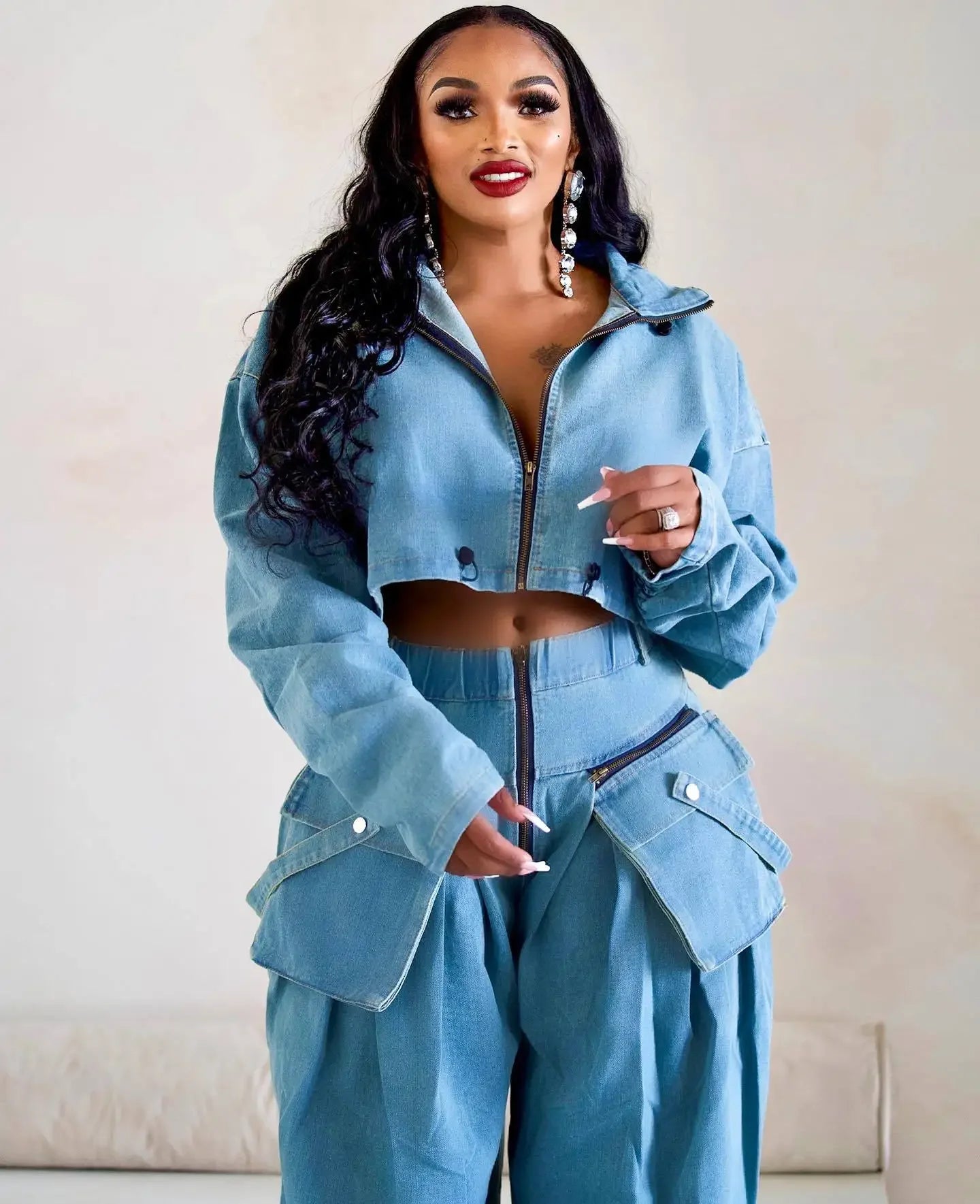 Women's Denim 2-Piece Set - Jacket & Wide Leg Jeans Matching Streetwear Outfit | SHEFYSTYLE