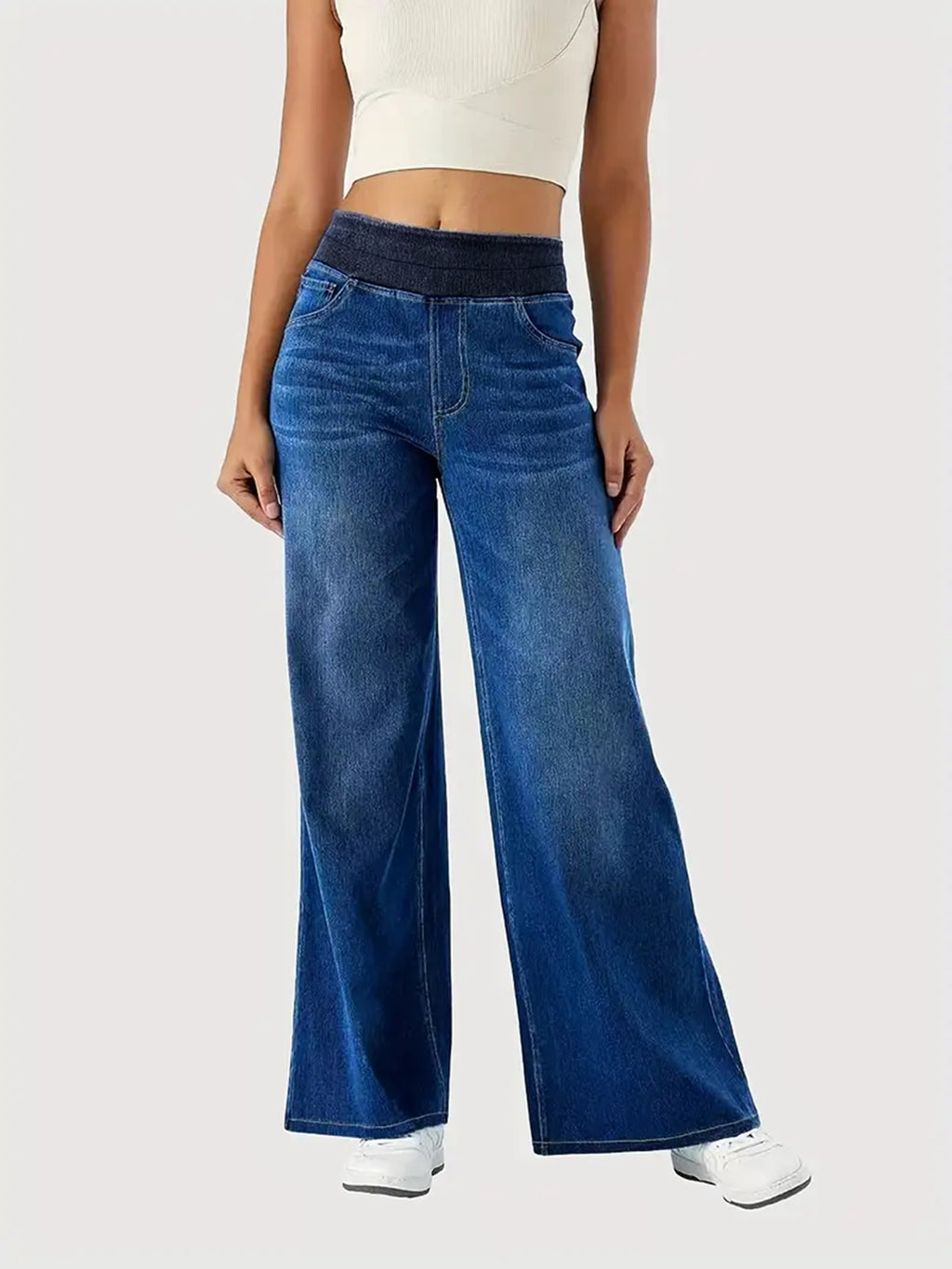 Y2K Baggy Wide-Leg Jeans – Stretchy High-Waist Denim for Women (Whisker Wash, Loose Straight Fit)
