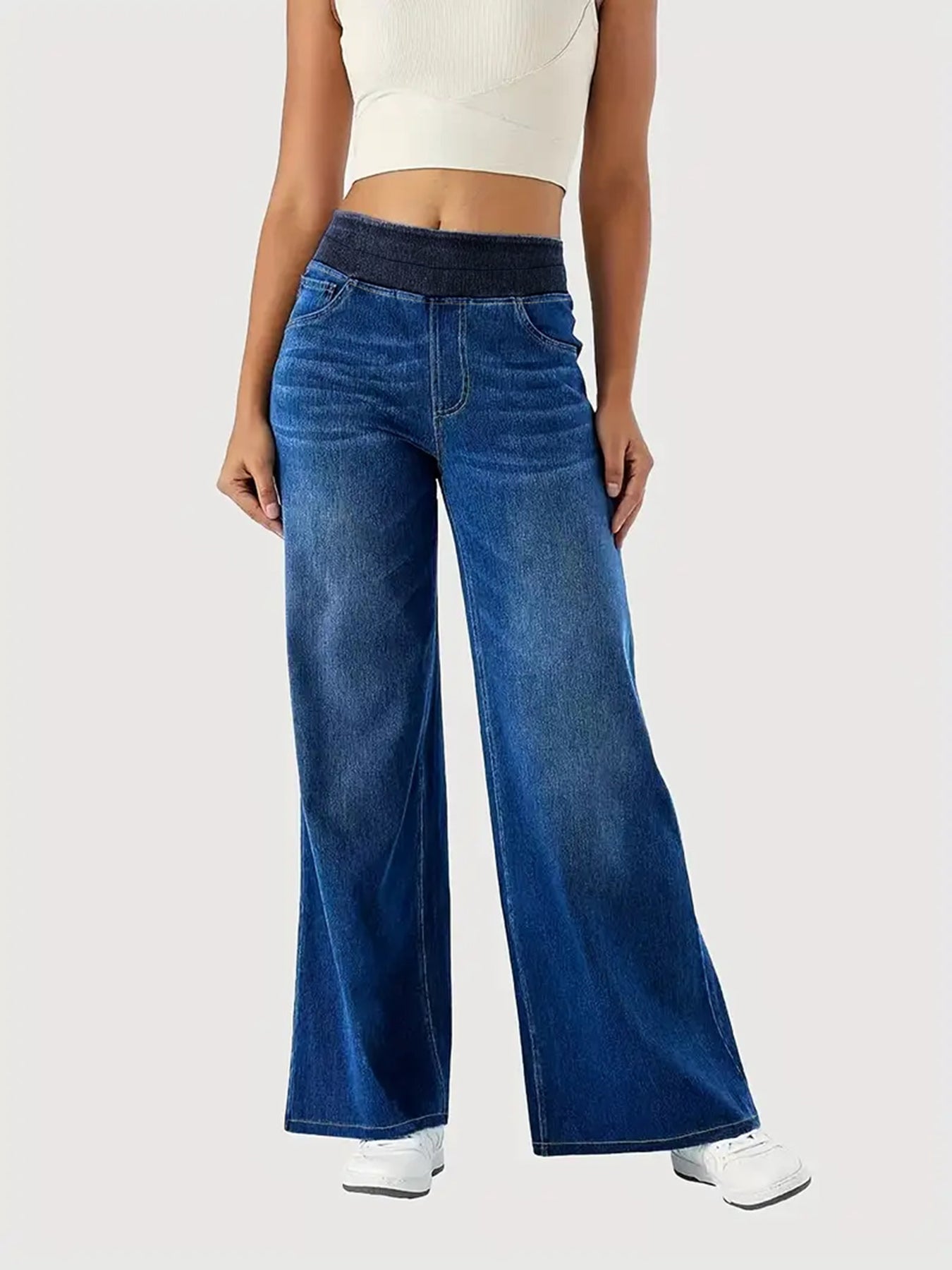 Y2K Baggy Wide-Leg Jeans – Stretchy High-Waist Denim for Women (Whisker Wash, Loose Straight Fit)
